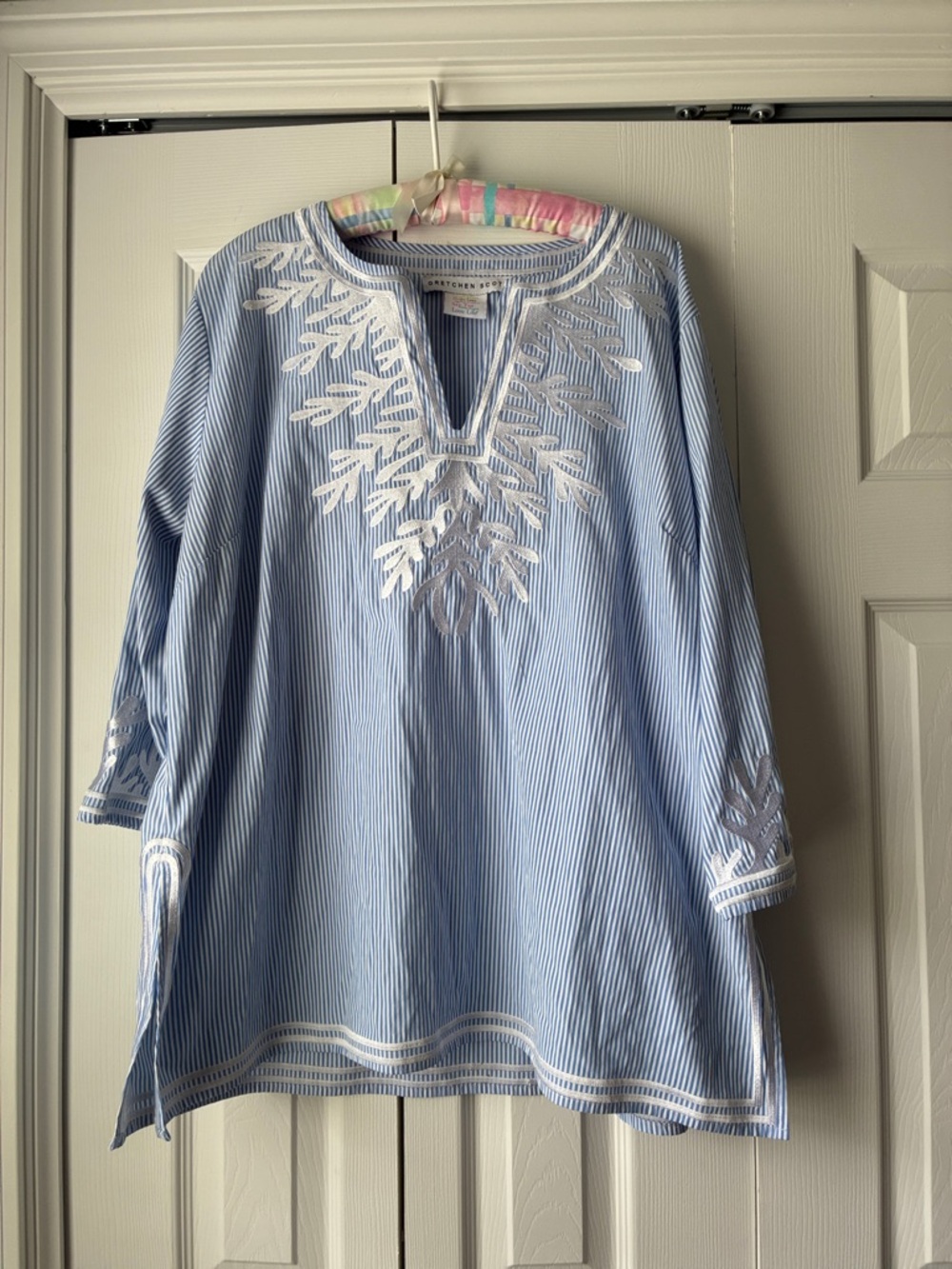 Gretchen Scott Designs Light Blue & White Striped Embroidered Tunic